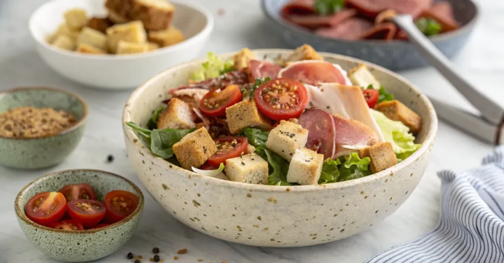 A vibrant salad bowl with crisp vegetables, sliced meats, and shredded cheese.