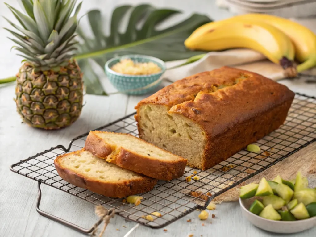 A golden loaf cooling on a wire rack with a slice cut to show texture.