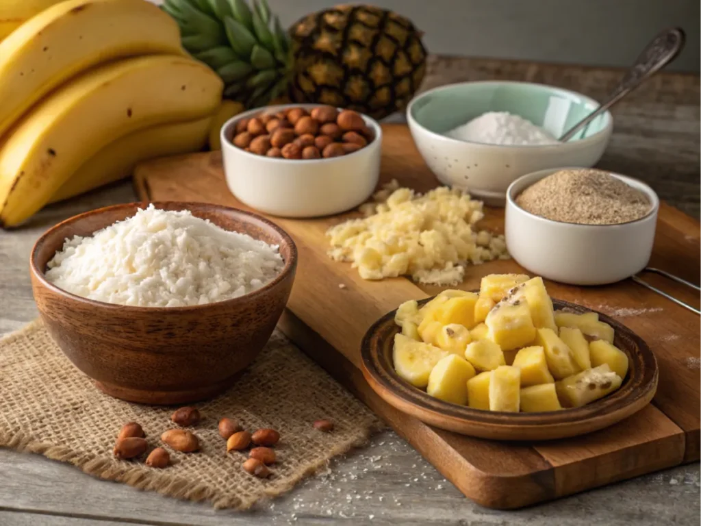 Ingredients for Hawaiian banana bread arranged neatly, featuring ripe bananas, pineapple, and coconut.