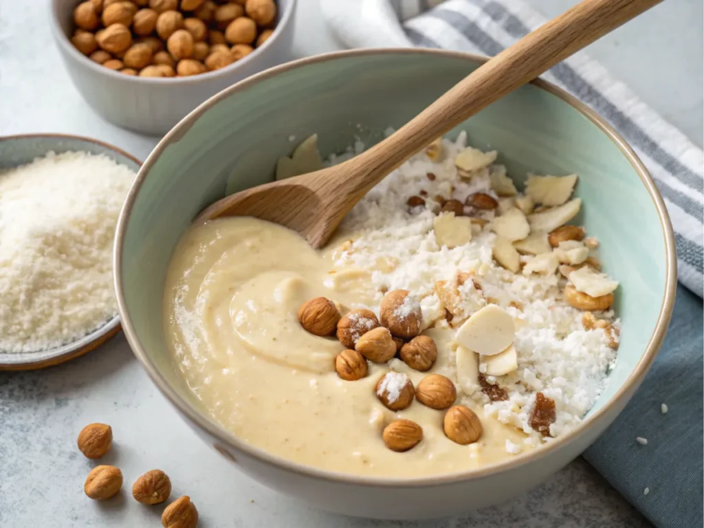 Hawaiian banana bread batter being mixed with coconut and macadamia nuts.