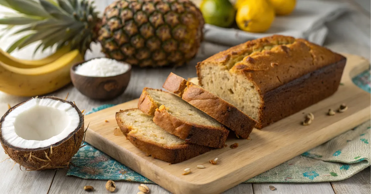 A loaf of Hawaiian banana bread with golden slices, surrounded by fresh tropical fruits.