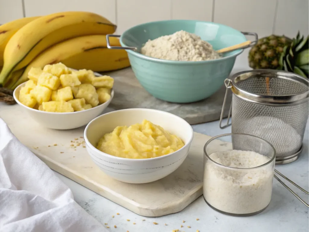 A preparation scene for Hawaiian banana bread, featuring mashed bananas, drained