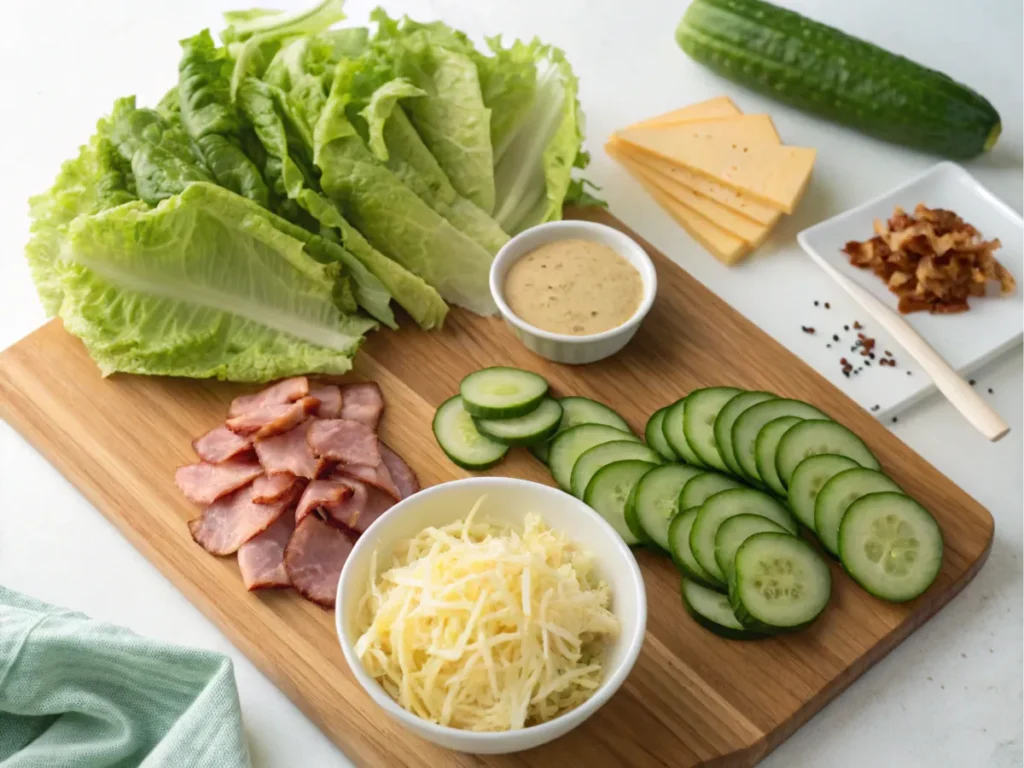 Ingredients for preparing a sub in a tub, including fresh vegetables, meats, and cheese. Title: Sub in a Tub Ingredients