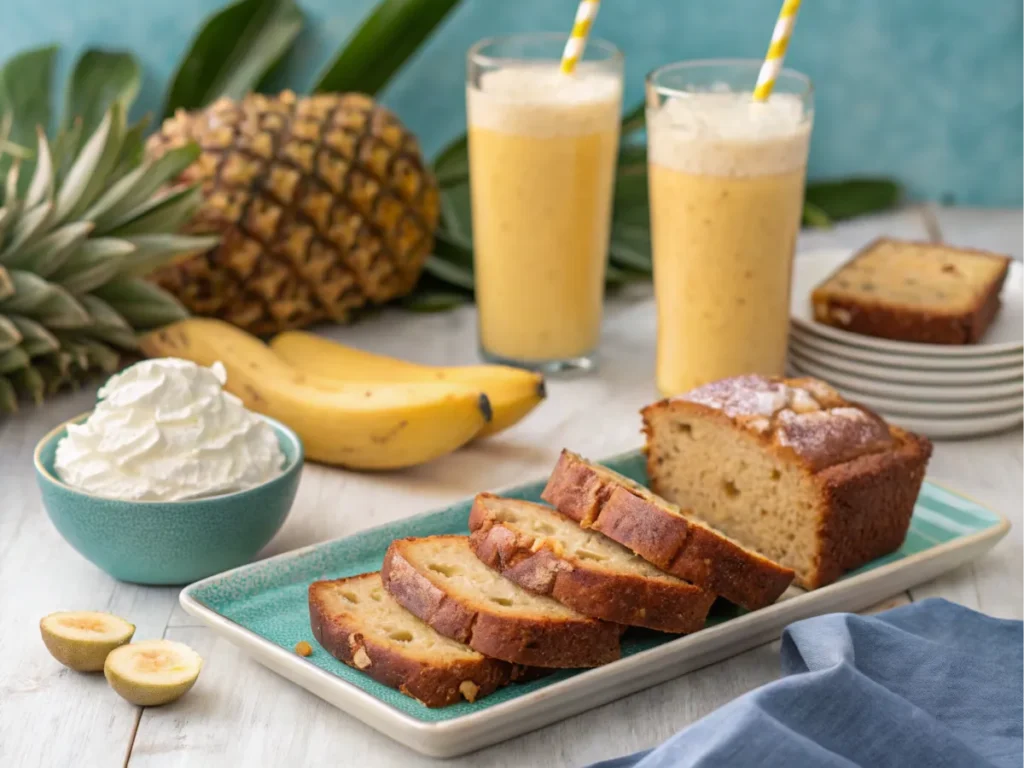 Slices plated with tropical drinks and whipped cream.