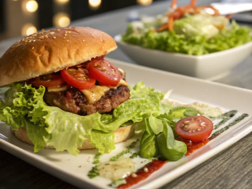 Close-up of Domino's burger highlighting lettuce and fresh presentation