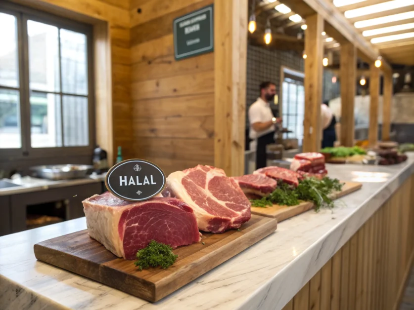 Neatly displayed halal beef cuts on a wooden butcher’s block.