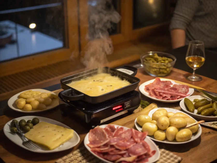 Raclette grill with traditional accompaniments in a cozy setting