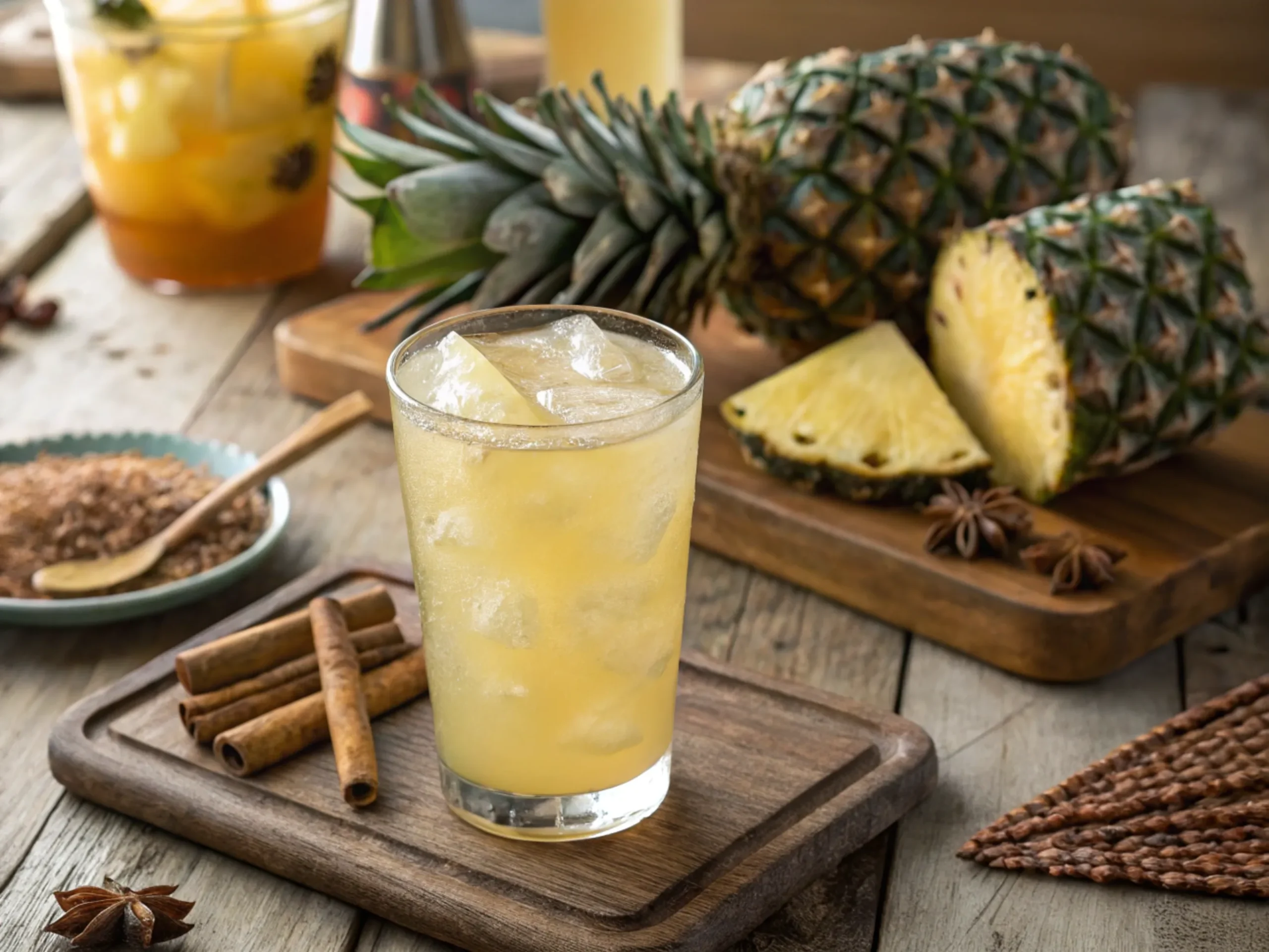 A glass of pineapple tepache with fresh pineapple and spices.