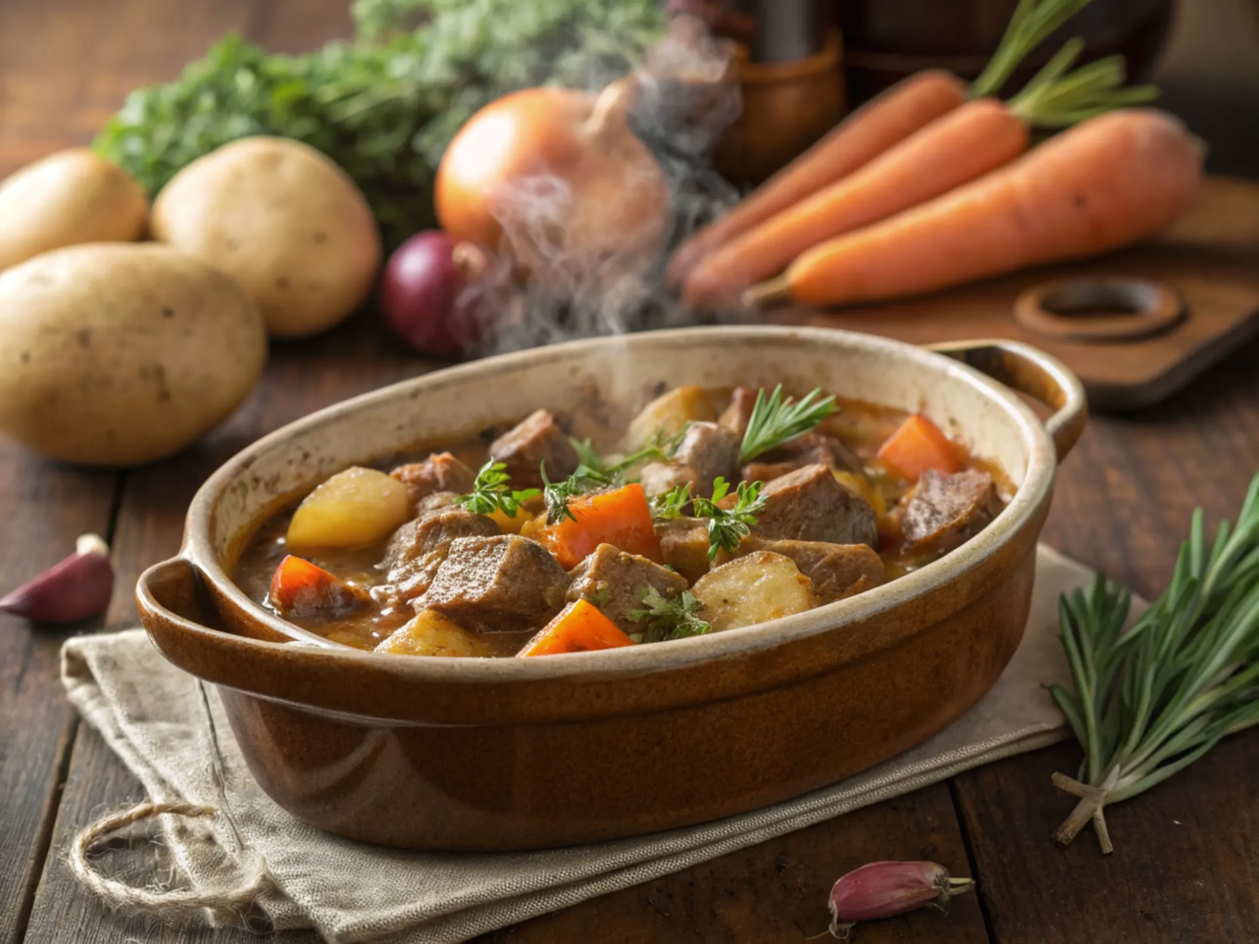 Close-up of a steaming pork casserole with fresh herbs in a rustic dish.