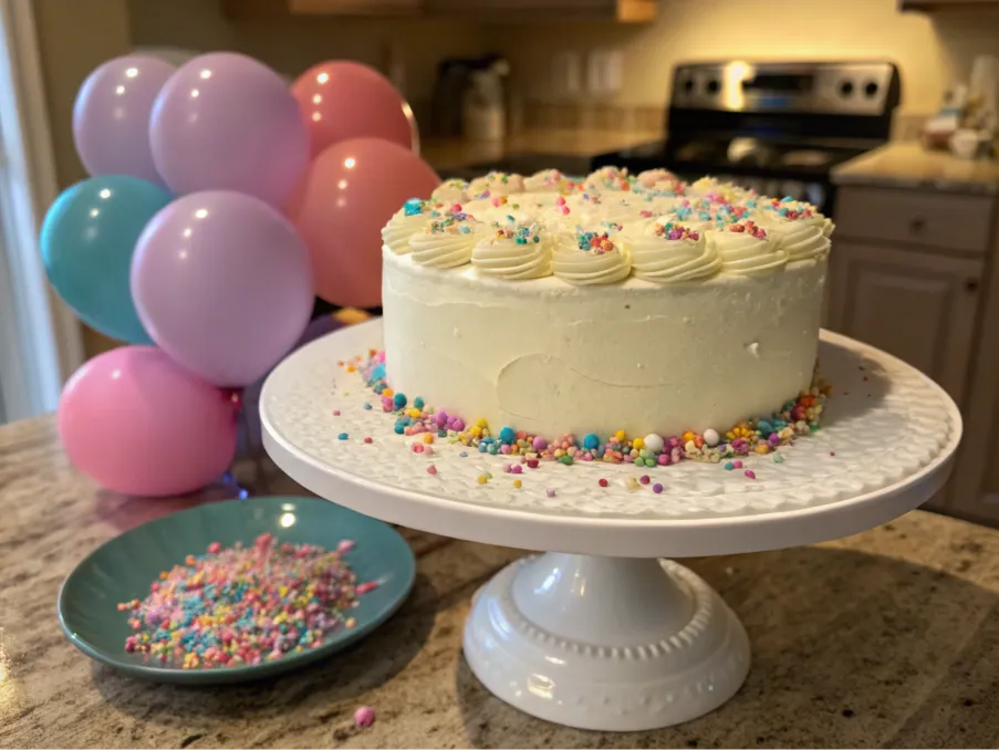 A beautifully frosted birthday cake on a stand surrounded by festive decorations.