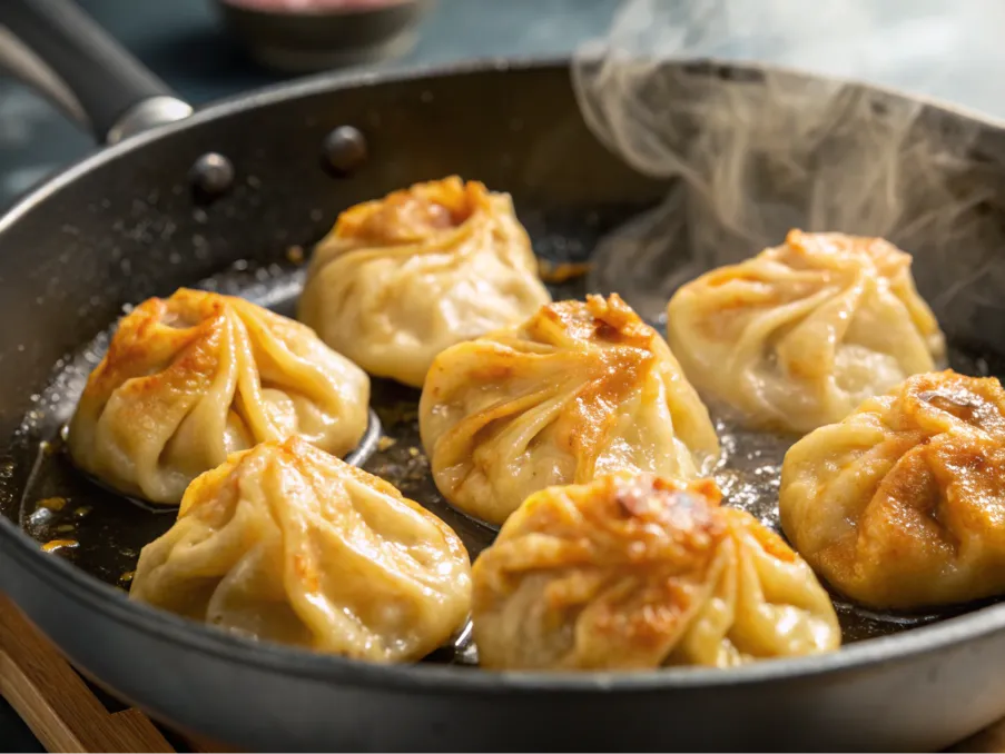 Golden, crispy soup dumplings sizzling in a skillet.