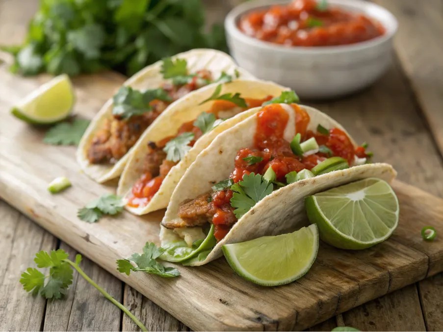 Tacos topped with vibrant hot sauce and garnishes.