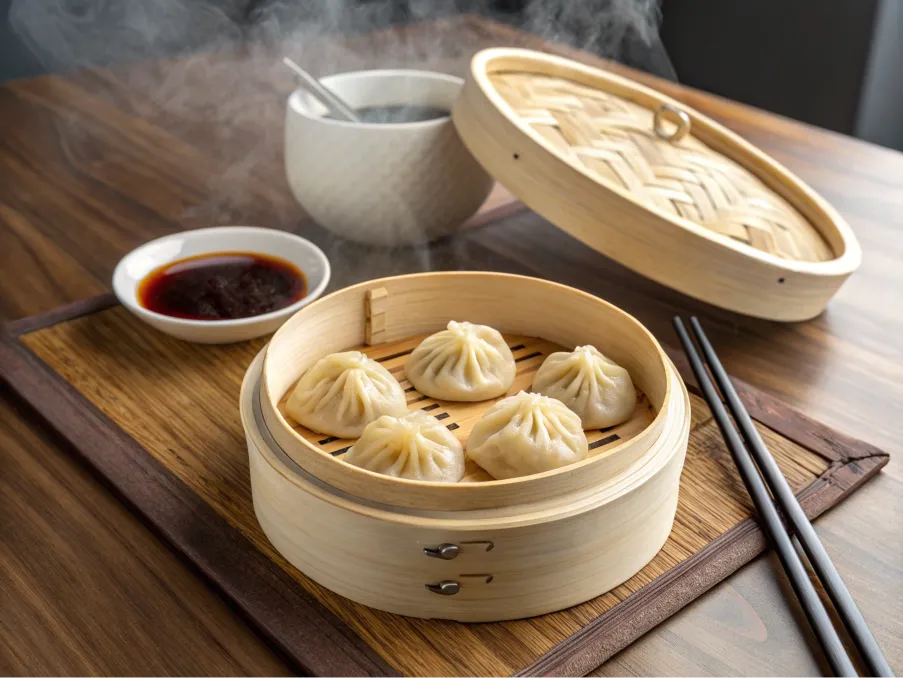 Close-up of Trader Joe’s soup dumplings steaming in a bamboo steamer.