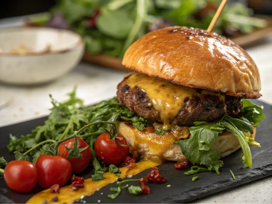 A perfectly grilled brisket burger with cheese, lettuce, and tomato on a golden brioche bun.