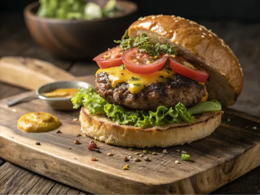 Close-up of a brisket hamburger with char marks, plated on a rustic board.