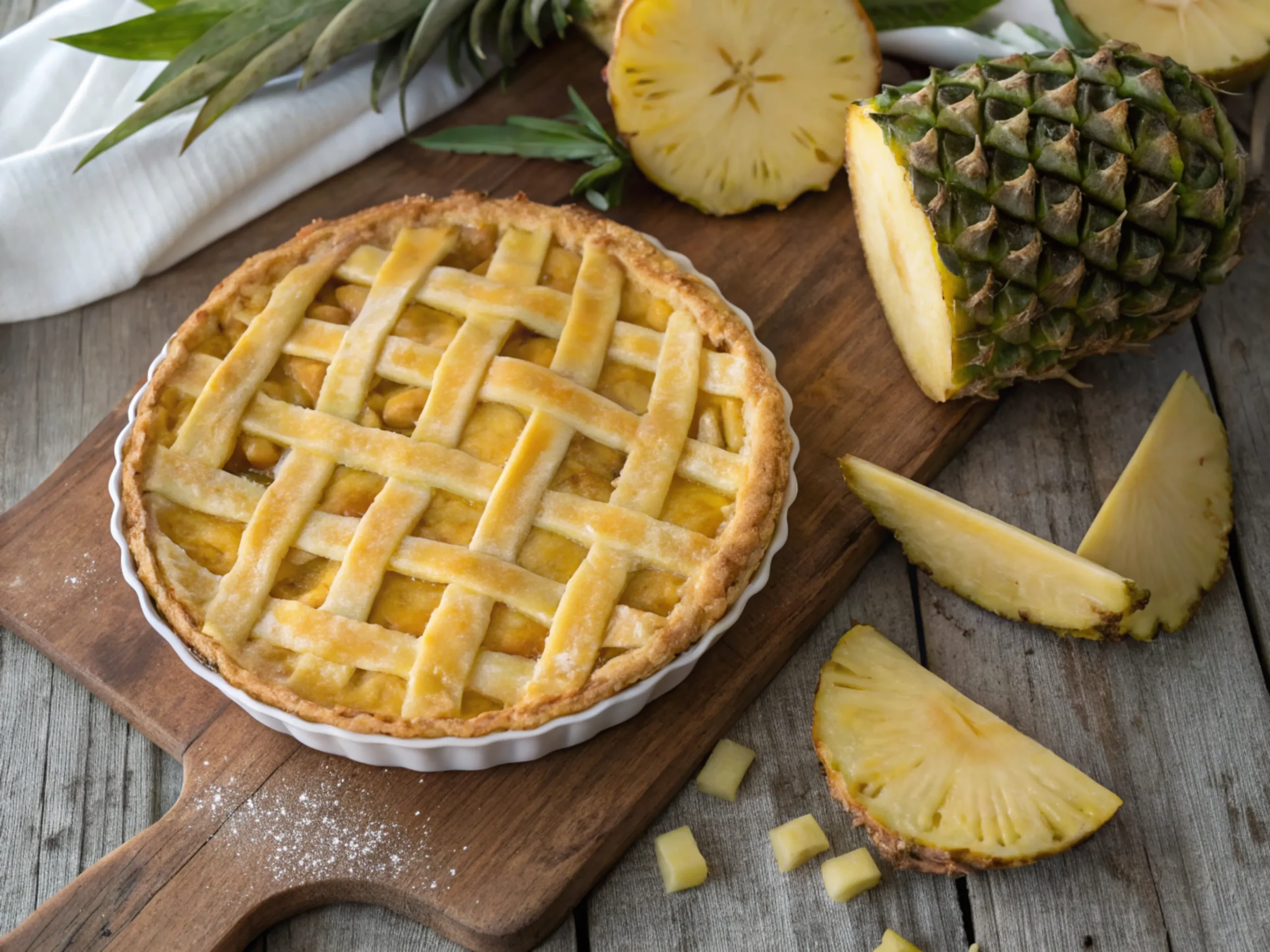 A pineapple pie with a golden lattice crust, garnished with fresh pineapple slices