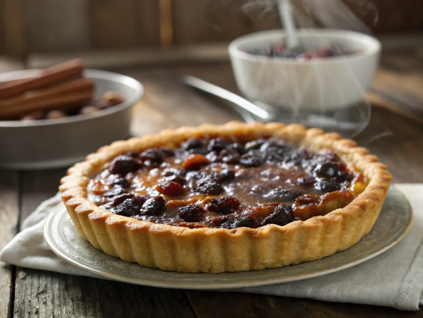 A close-up of funeral pie with golden crust and glossy raisin filling