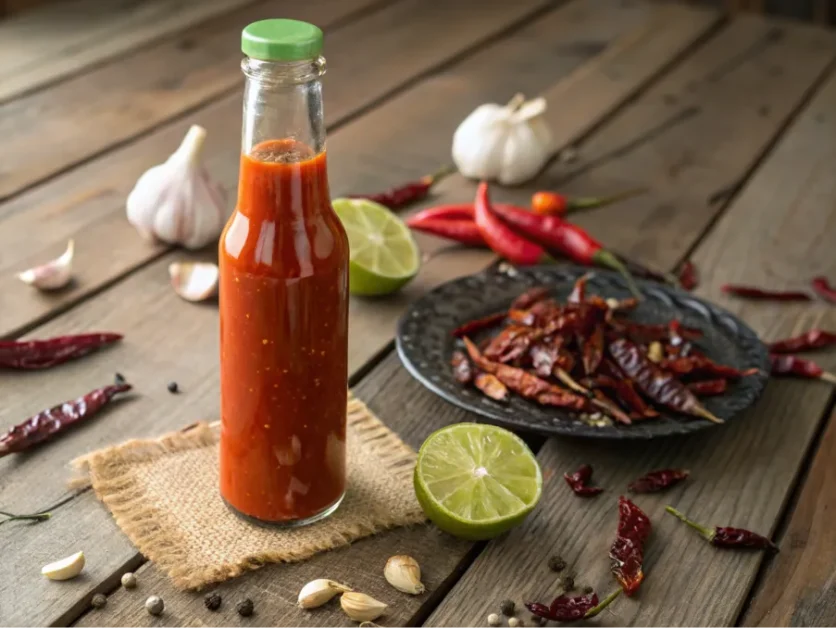 A vibrant bottle of Mexican hot sauce with fresh and dried chili peppers.