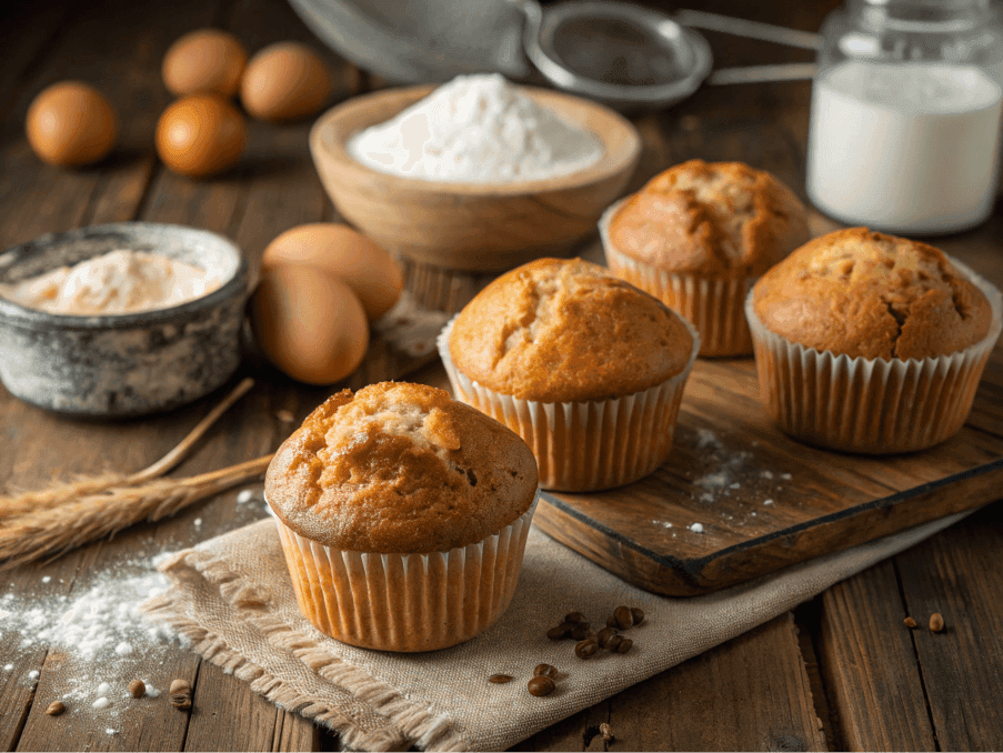 Golden brown muffins on a rustic table with baking ingredients.