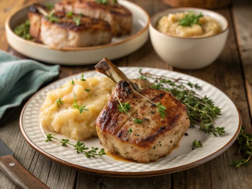 Roasted pork chops with applesauce garnished with thyme