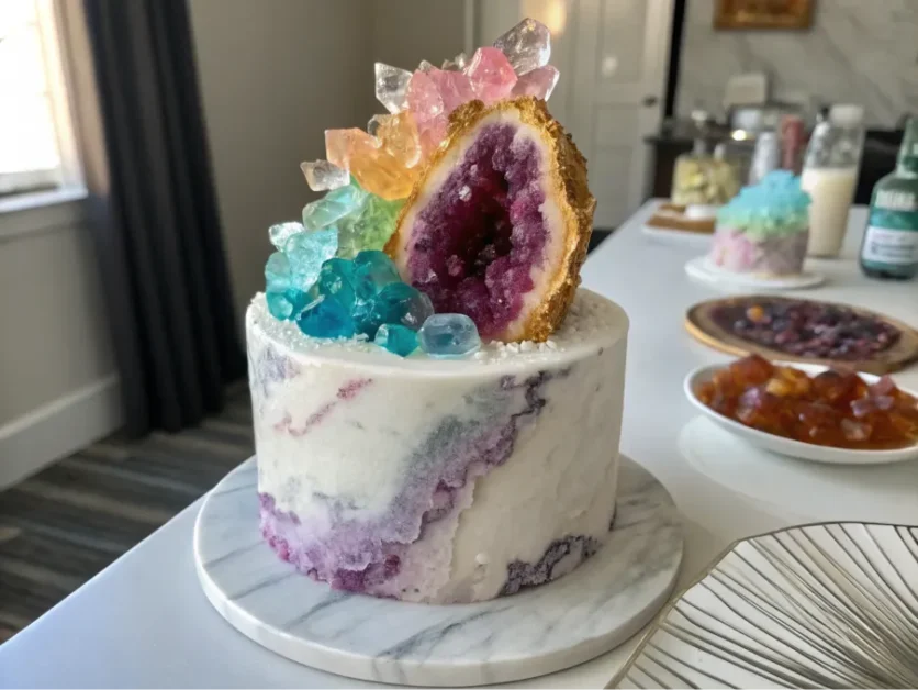 Geode birthday cake with edible crystals and a marble base.