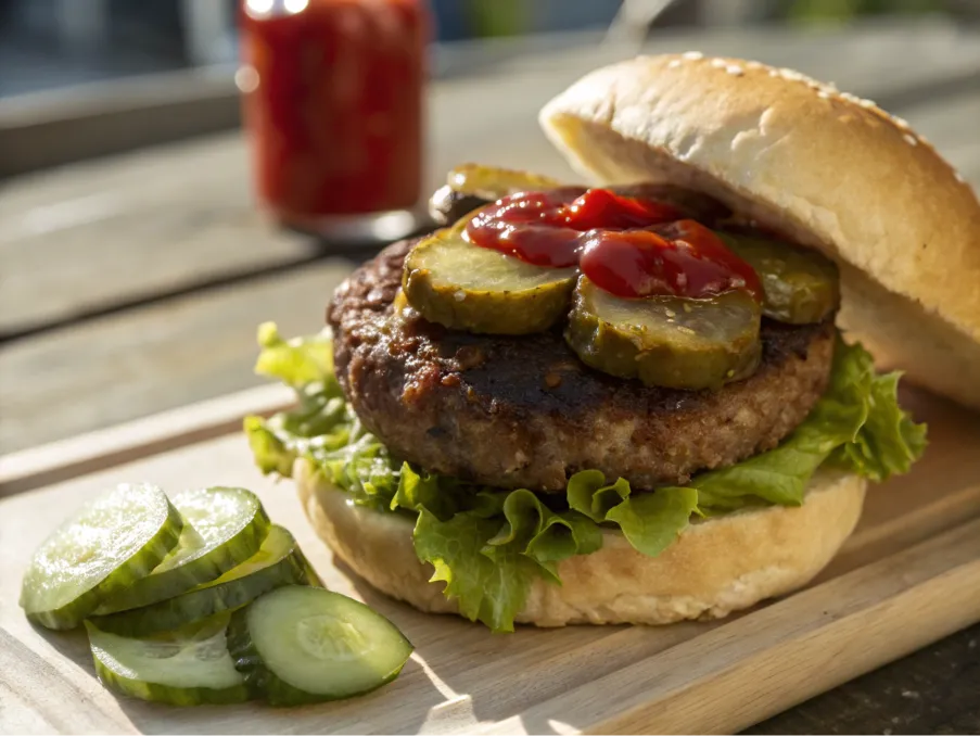 Close-up of a traditional burger with lettuce, pickles, and ketchup on a bun.