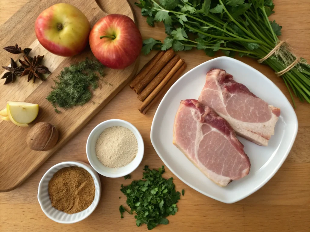 Ingredients for pork and applesauce, including pork chops, apples, and spices