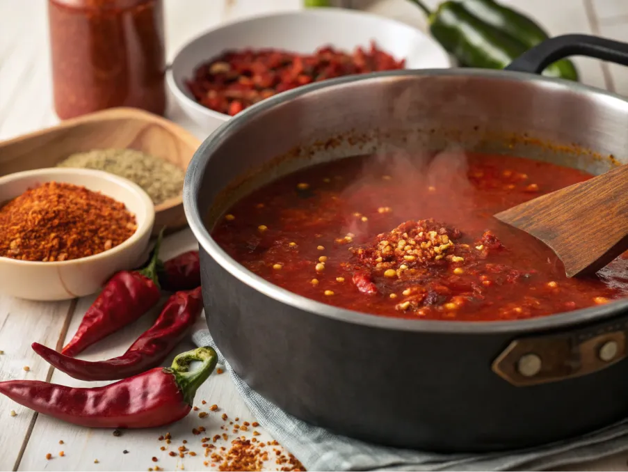 A simmering pot of hot sauce with chili flakes and spices.