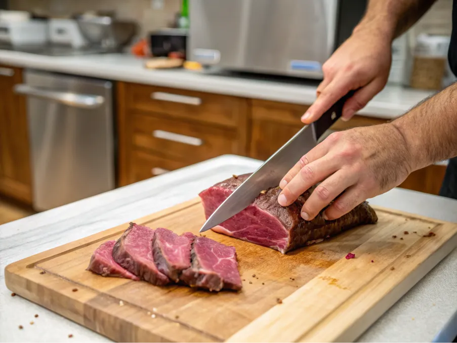 Hands trimming a beef brisket with a knife on a butcher block.