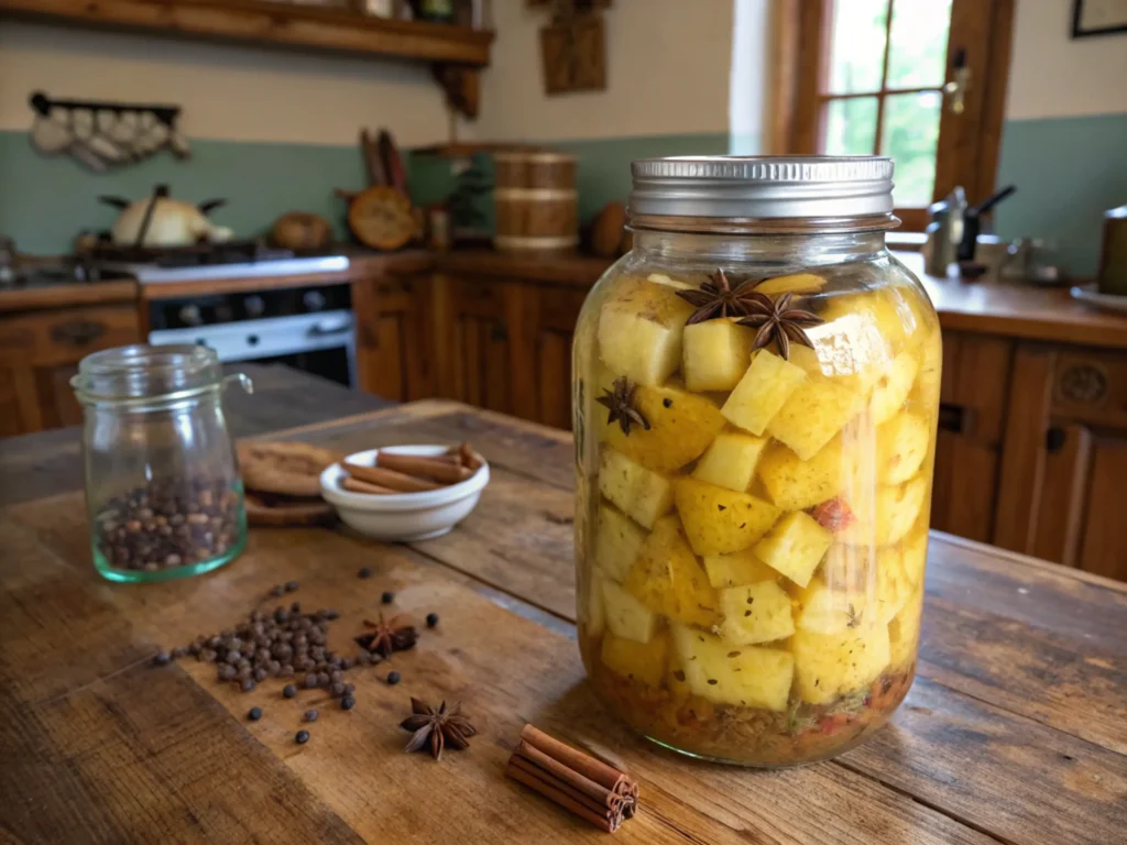 Fermentation jar with pineapple chunks and spices