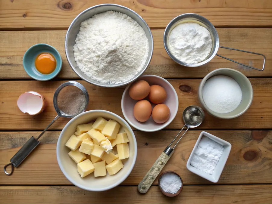 Ingredients for making a birthday cake laid out on a wooden table.