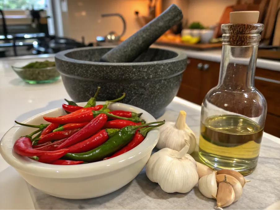 Fresh chili peppers, garlic, and vinegar for hot sauce preparation.