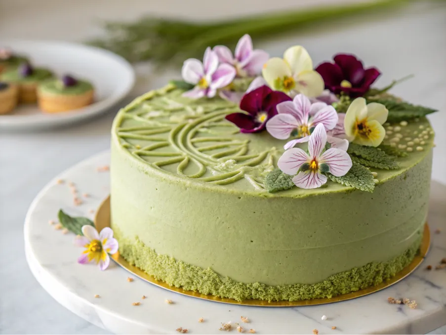 Matcha-flavored cake with edible flowers.