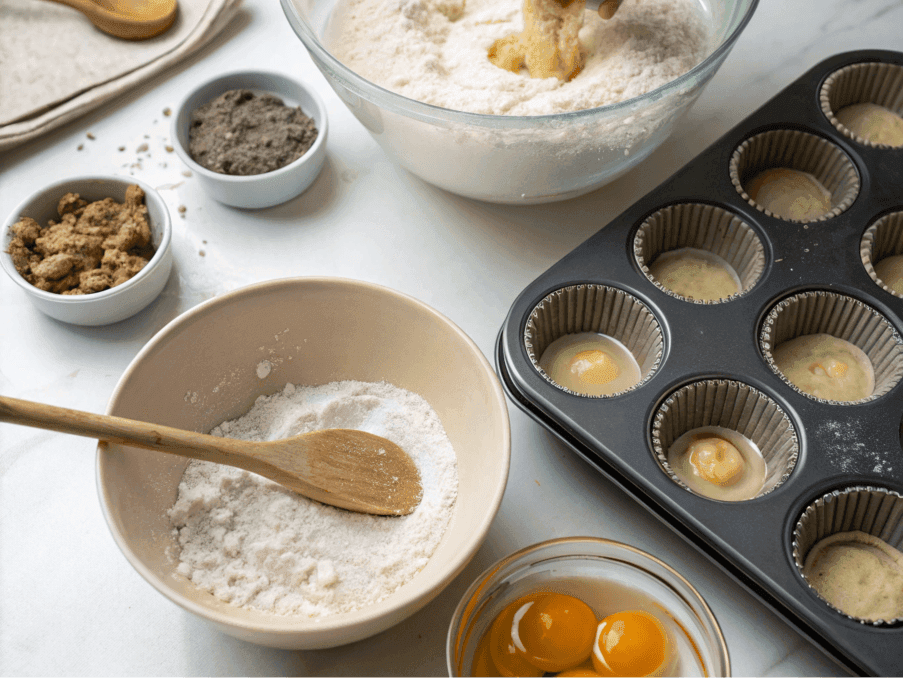 Mixing ingredients for muffins with kefir.