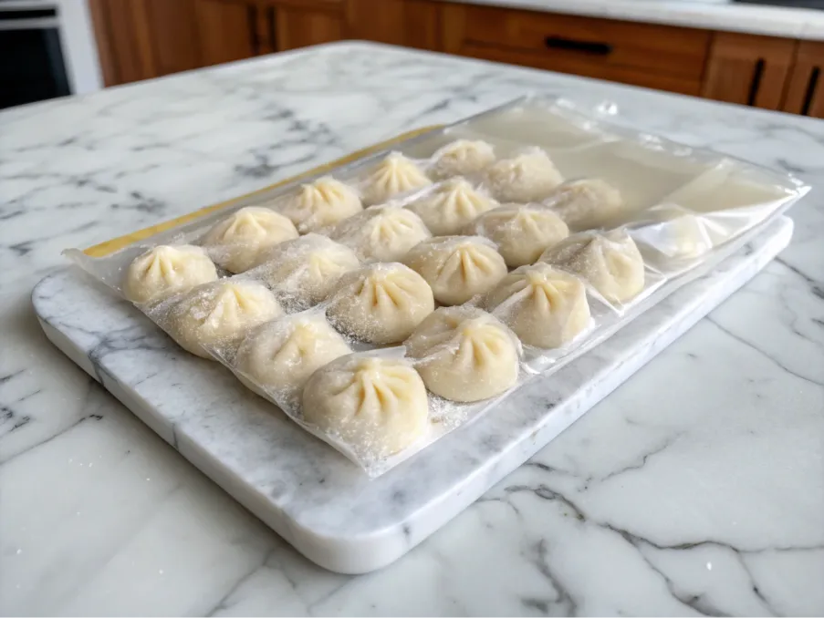 Frozen pack of soup dumplings on a counter