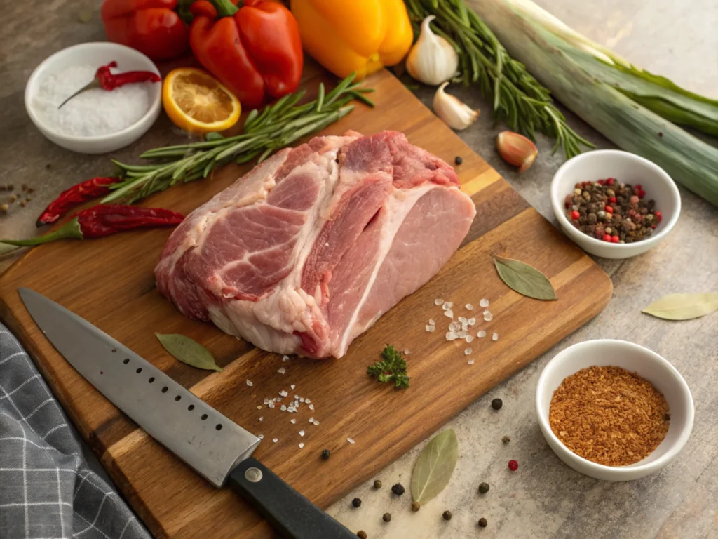 Pork shoulder preparation on a wooden cutting board with spices