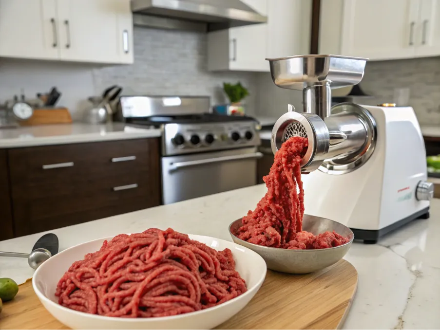 Freshly ground brisket being processed through a meat grinder.