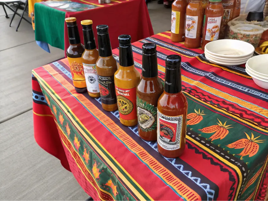 A display of regional Mexican hot sauces on a vibrant tablecloth.