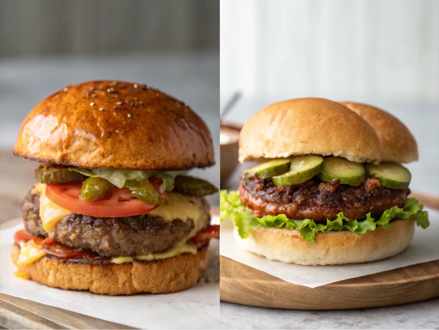 Side-by-side comparison of two burgers, highlighting texture differences.