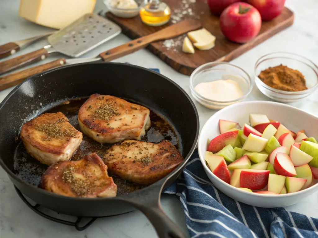 Pork chops cooking in a skillet with apples sautéed in another pan