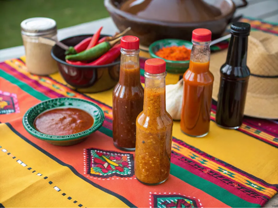 Assorted hot sauce bottles on a colorful table.