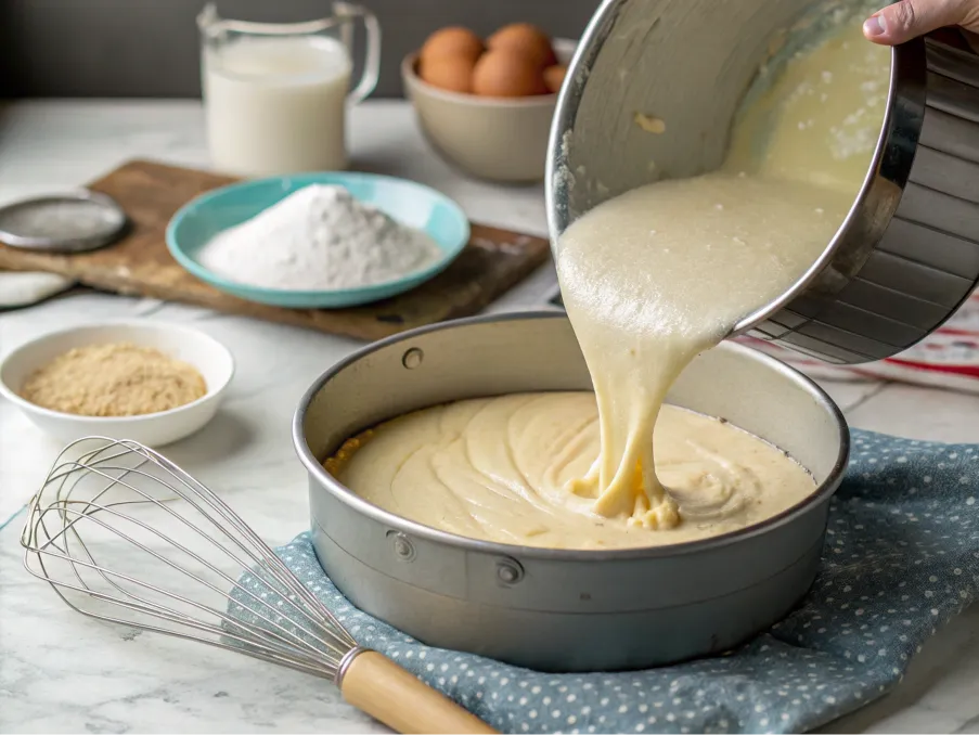 Cake batter being poured into a pan during preparation.