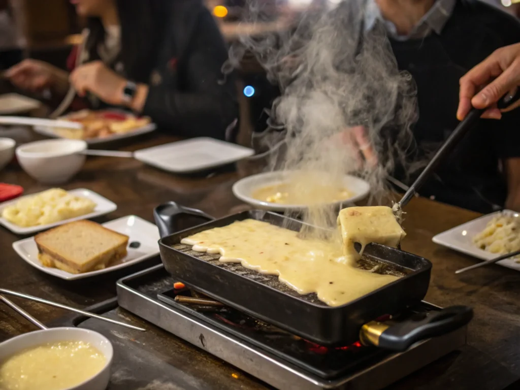 Close-up of cheese melting on a raclette grill with bubbling edges