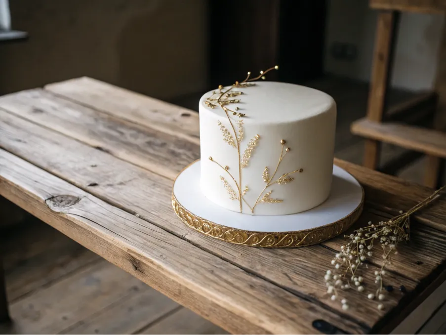 Minimalist white cake with gold accents.