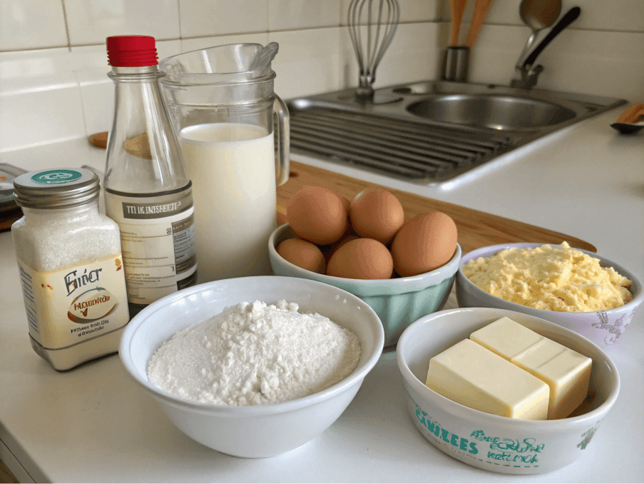 Baking ingredients including kefir and other essentials.