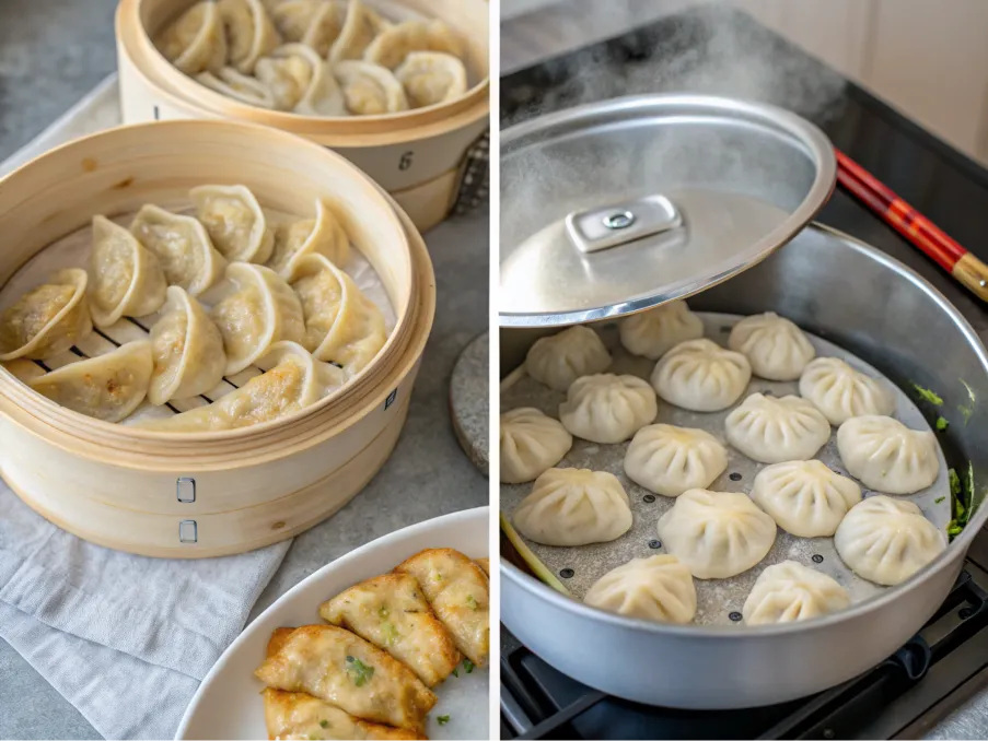 Step-by-step visual of pan-frying soup dumplings.