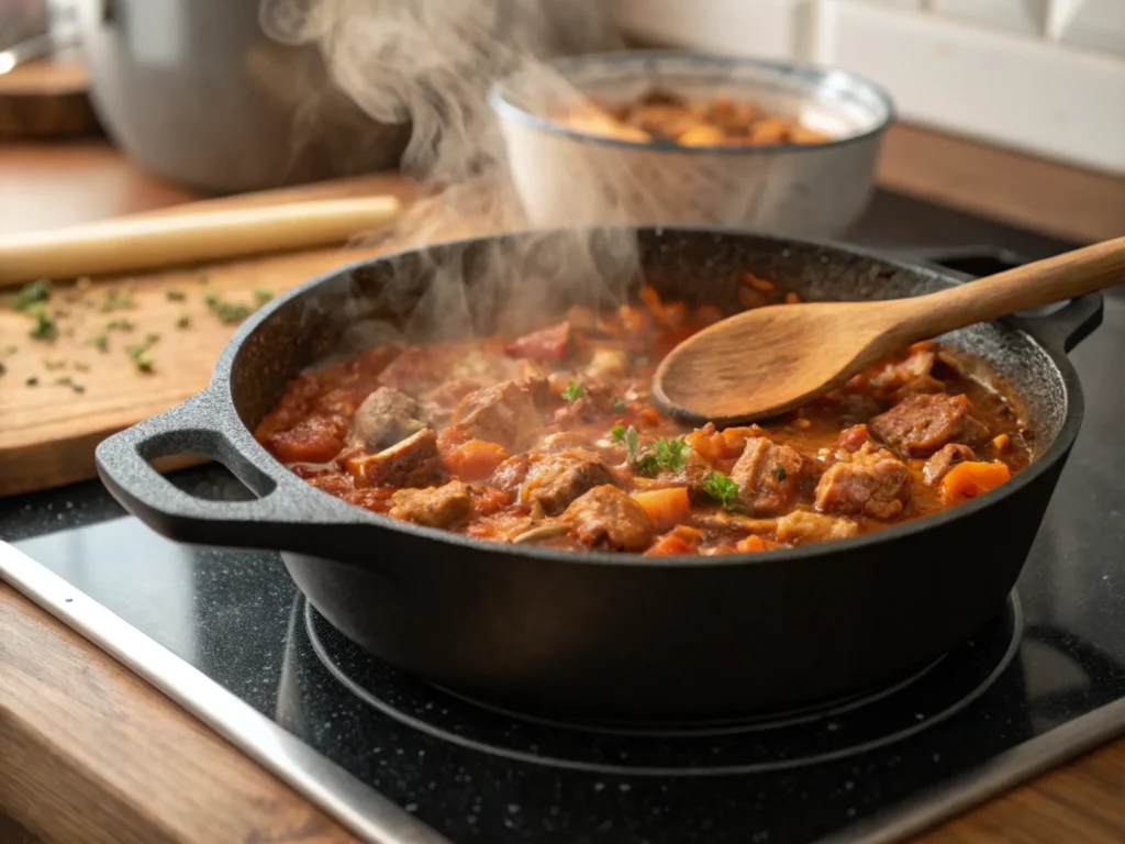 Simmering pork casserole on a stovetop with steam rising