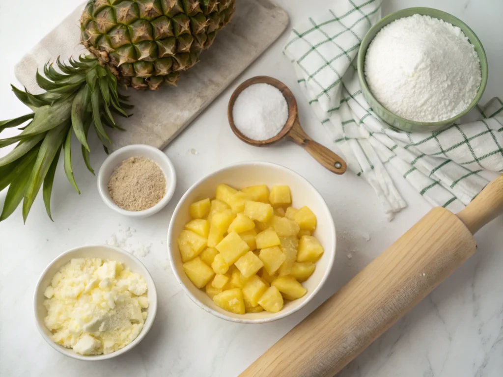 Ingredients for pineapple pie laid out on a kitchen counter