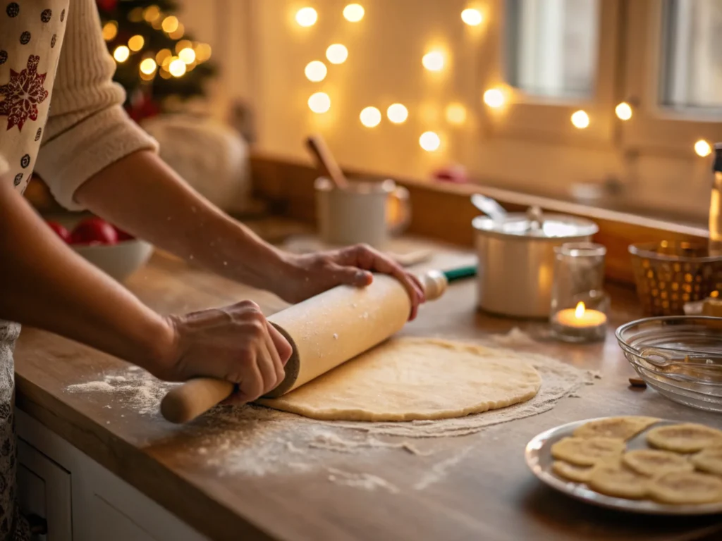 Hands rolling out dough on a floured surface, highlighting the preparation process