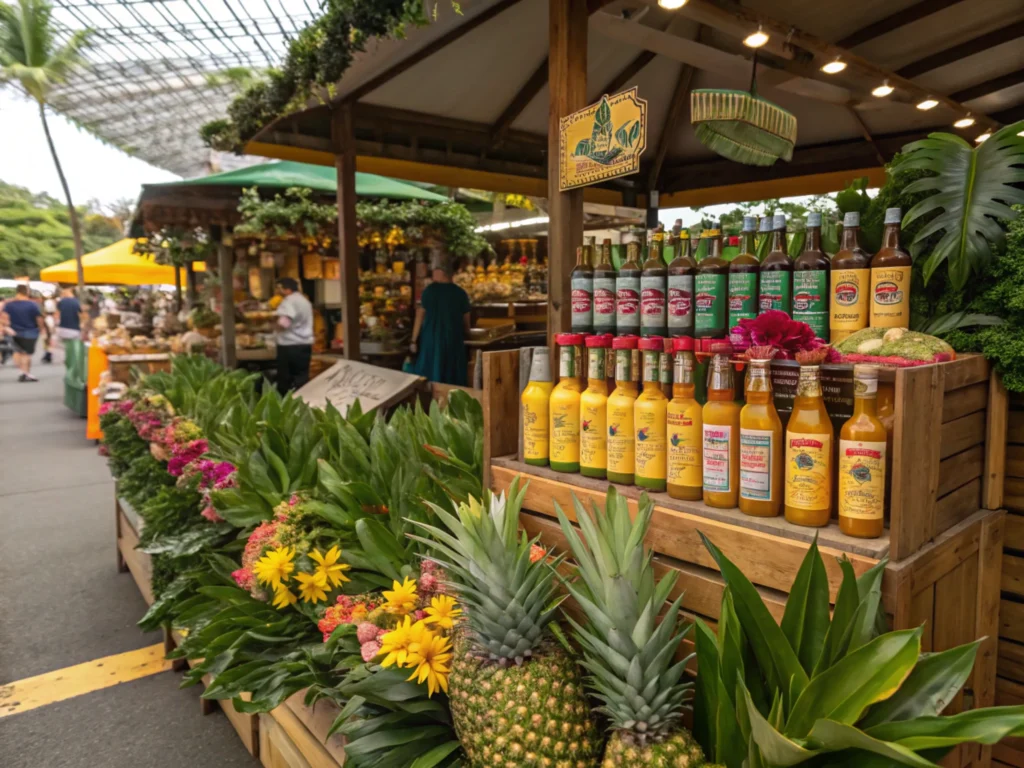 Market stall with pineapple alcohol bottles in a tropical setting.